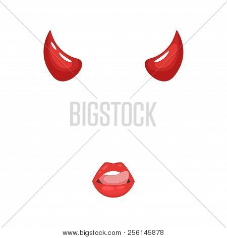 Vector Cartoon Style Devil Horns And Red Lips Face Element Or Carnival Mask. Halloween Decoration It