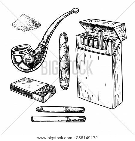 Tobbaco Smoking Vector Drawing Set. Cigarette Pack, Cigar, Matches Box, Pipe Sketch