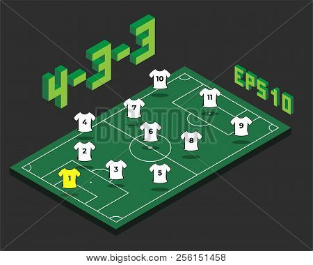 Football  4-3-3 Formation With Isometric Field. Soccer Popular  Strategy Concept. Vector Championshi