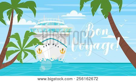Vector Cartoon Style Background Of Sea View. Good Sunny Day. Cruise Ship - Front View. Travel And To