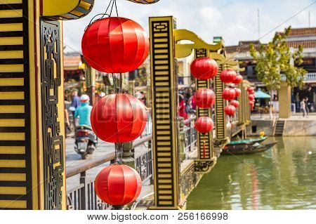 Lanterns On An Hoi Bridge In Hoi An, Vietnam