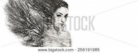 Double Exposure Portrait Of Attractive Woman Combined With Photograph Of Tree Or Branches, Surreal P