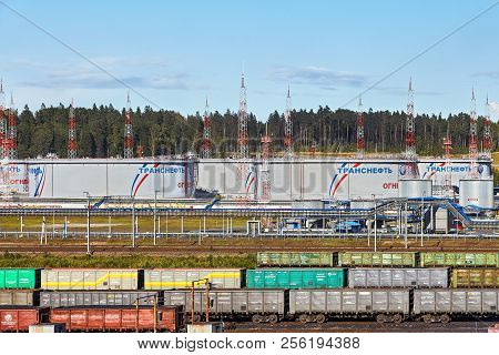 St. Petersburg, Russia - August 7, 2018: A General View Of Oil Tanks In The Transneft  Ust-luga Port
