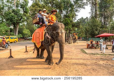 Angkor Wat, Cambodia - March 15, 2018: Tourists Ride An Elephant At The Area Of Angkor Wat, Near Sie