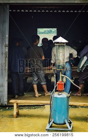 Sapa, Baha/ Vietnam - Aug 5 2010: Local Villagers Playing Pool Billiards At A Small Bar Next To The 