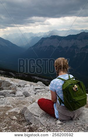 Traveller Admiring Mountain View In The Canadian Rockies