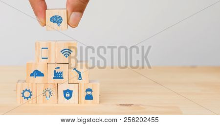 Smart Factory, Industry 4.0 Futuristic Technology Trend Concept, Hand Man Put The Icon To Connect, I