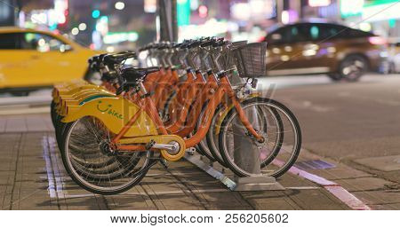 Taipei city, Taiwan, 27 May 2018:- ubike in Taipei street at night