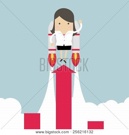 Businesswoman With Jetpack And Graph Fling Up.