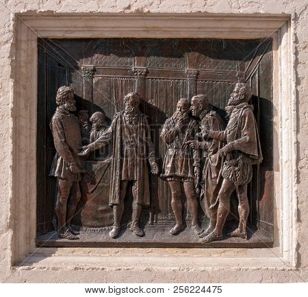 Verona, Italy - 06 May 2018: Bas-relief On The Monument To The Architect Michele Sanmiceli. In Veron