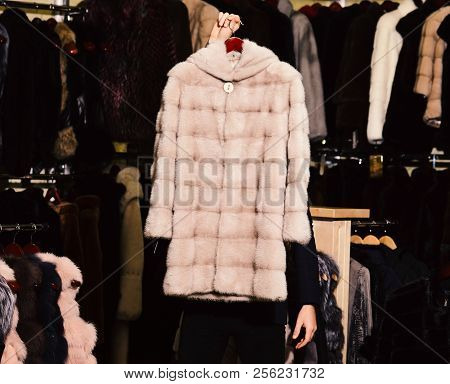 Fur Coat In Beige Color In Mans Hand. Mink Fur Coat On Furry Coats Background. Luxury Clothing Conce