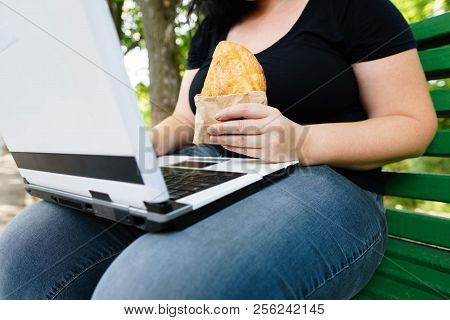 Unhealthy Fast Food, High-calorie Snack, Sedentary Working, Eating On The Go. Close Up Of Overweight