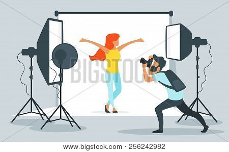 Vector Flat Style Illustration Of Photo Equipment In Photography Studio With Lights And Camera. Youn