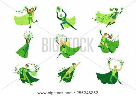 Eco Superhero Characters In Action Set, Young Men And Women In Green Capes Vector Illustrations