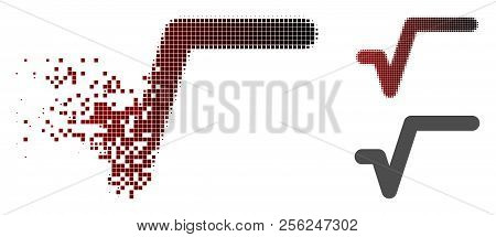 Sqrt Icon In Dissolved, Pixelated Halftone And Undamaged Solid Versions. Pixels Are Grouped Into Vec