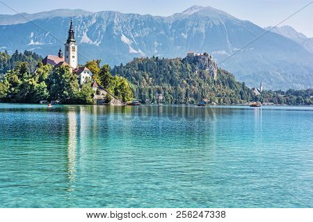 Lake Bled With Castle And Assumption Of Mary Pilgrimage Church, Slovenia, Europe. Travel Destination