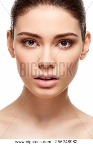 Girl With Nude Pink Lipstick Isolated On White