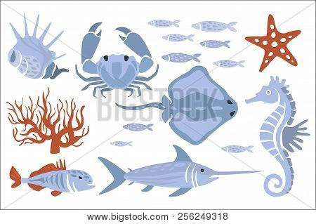 Stylized Underwater Nature Set Of Icons In Flat Atristic Vector Design On White Background.