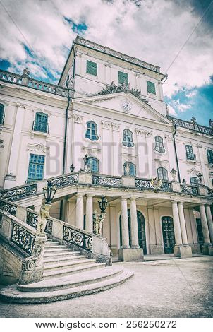 Esterhazy Castle With Park In Fertod, Hungary. Architectural Scene. Travel Destination. Detailed Pho