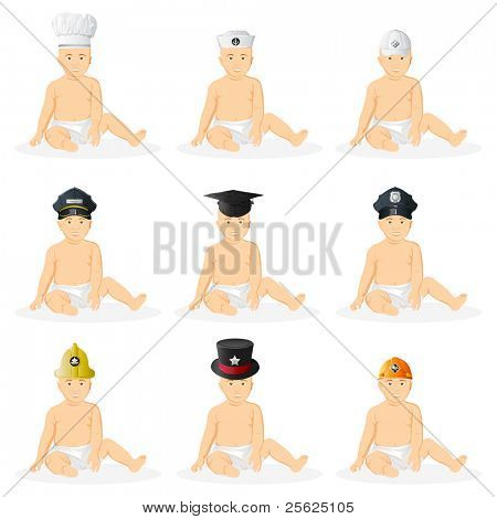 illustration du petit garçon assis avec un chapeau professionnel différent