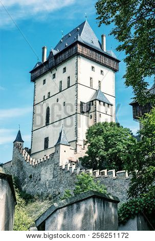 Karlstejn Is A Large Gothic Castle Founded 1348 By Charles Iv In Czech Republic. Ancient Architectur