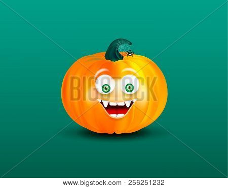 Orange Happy Smiling Pampkin Face With Cute Spider On Cobweb On Dark Green Background. Halloween Ico