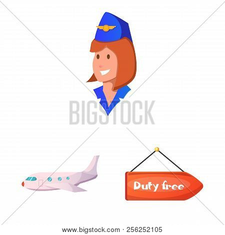 Vector Illustration Of Airport And Airplane Sign. Set Of Airport And Plane Vector Icon For Stock.