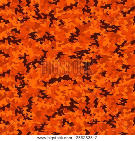 Military Camo Seamless Pattern. Camouflage Backdrop In Acid Orange. Stock Vector Background.