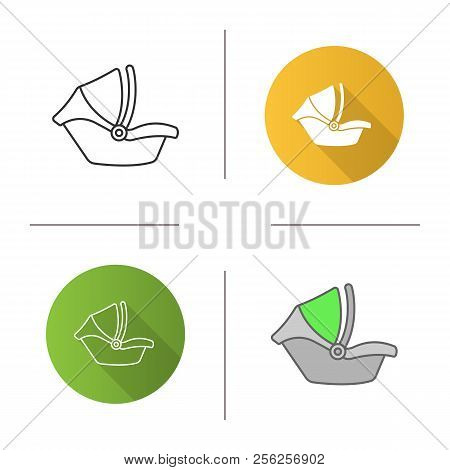 Baby Car Seat Icon. Infant Safety Seat. Child Restraint System. Flat Design, Linear And Color Styles