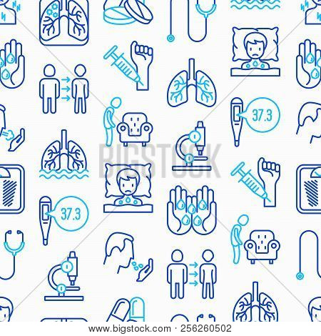 Tuberculosis Seamless Pattern With Thin Line Icons: Infection In Lungs, X-ray Image, Dry Cough, Pain