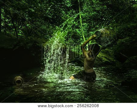 Asia; Fishing; Countryside; Nature; Lifestyle; Fisherman; River; Fish; Happy; Water; Catching; Pover