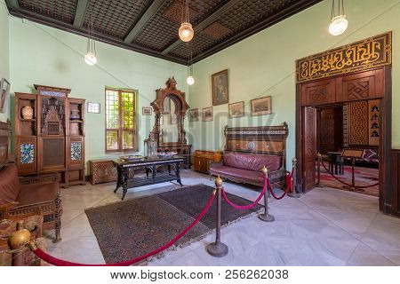 Cairo, Egypt - August 26 2018: Historical Manial Palace Of Prince Mohammed Ali. Ceremonies Room With