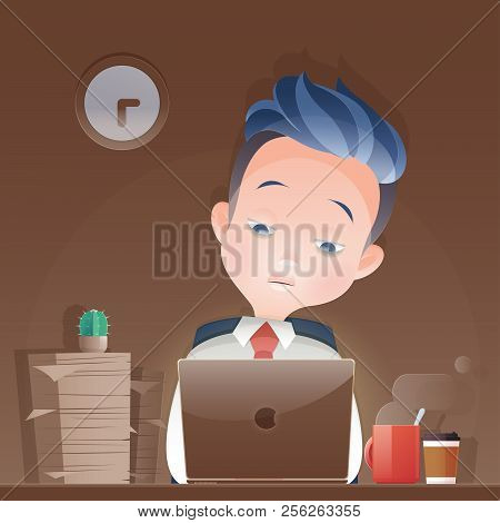 Cartoon Businessman Working Overtime Late Night  In Office. Vector And Illustration.
