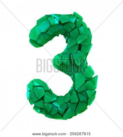 Number three 3 in a 3D illustration made of broken plastic green color isolated white background