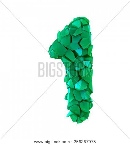 Number one 1 in a 3D illustration made of broken plastic green color isolated white background