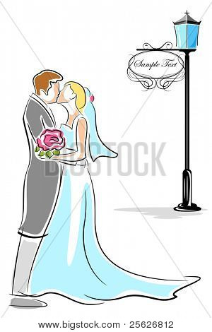 Ilustración de la recién casada pareja besándose