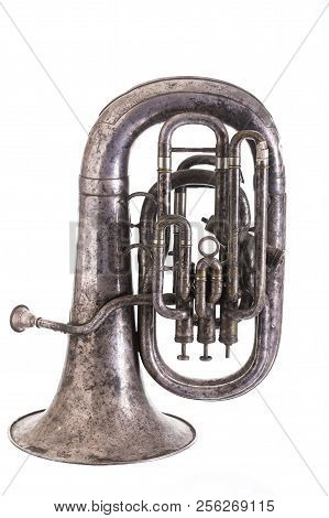 Chrome-plated Vintage Music Trumpet, Old Musical Wind Instrument Isolated On White Background,