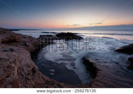 Seascape During Sunrise. Beautiful Natural Seascape, Blue Hour. Sea Sunrise At The Black Sea Coast. 