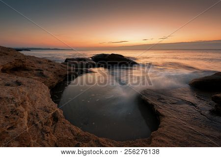Seascape During Sunrise. Beautiful Natural Seascape. Sea Sunrise At The Black Sea Coast. Magnificent
