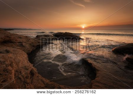 Seascape During Sunrise. Beautiful Natural Seascape. Sea Sunrise At The Black Sea Coast. Magnificent