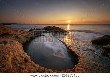 Seascape During Sunrise. Beautiful Natural Seascape. Sea Sunrise At The Black Sea Coast. Magnificent