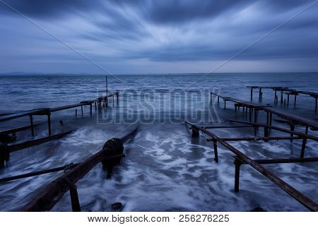 Seascape During Sunset. Beautiful Natural Seascape, Blue Hour. Sea Sunset At The Black Sea Coast. Ma