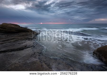Seascape During Sunrise. Beautiful Natural Seascape, Blue Hour. Sea Sunrise At The Black Sea Coast. 