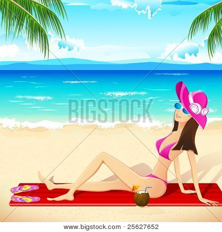 illustration af lady tager sol bad sidder på stranden