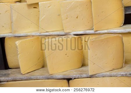 Cuts Of Kashkaval Or Kasseri  Cheese For Sale On The Shelf