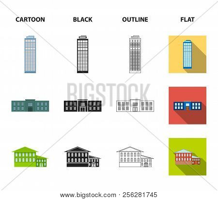 Skyscraper, Police, Hotel, School.building Set Collection Icons In Cartoon, Black, Outline, Flat Sty