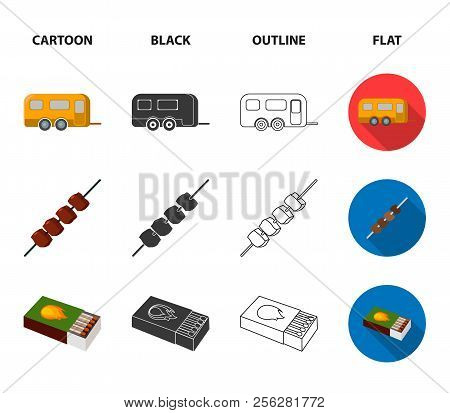 Trailer, Shish Kebab, Matches, Compass. Camping Set Collection Icons In Cartoon, Black, Outline, Fla