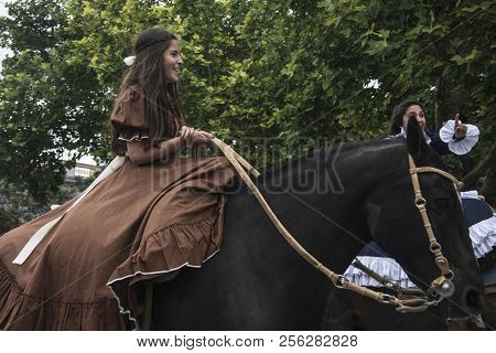 San Antonio De Areco, Province Buenos Aires, Argentina - November 11, 2012: Gaucho Daughters Gallop 