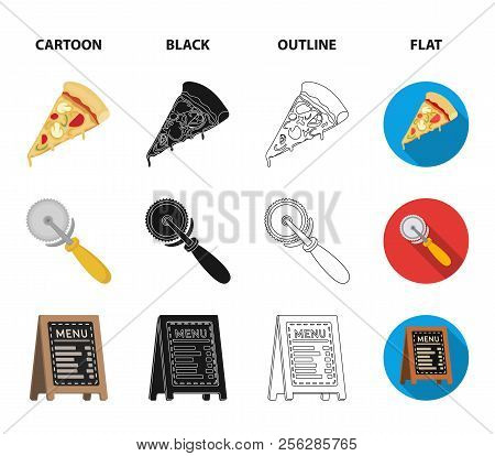 A Pizza Cutter, A Slice, A Menu In A Pizzeria, A Courier. Pizza And Pizzeria Set Collection Icons In