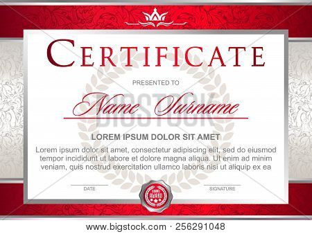 Certificate In The Official, Solemn, Elegant, Royal Style In Red And Silver Tones, With The Image Of